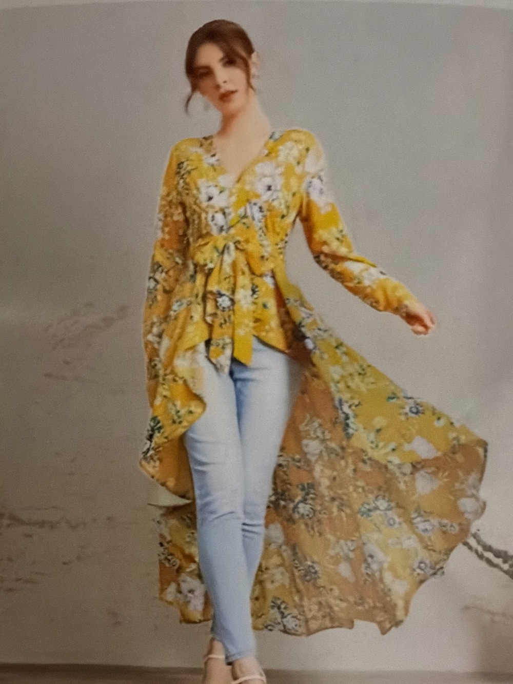 SHEIN Yellow Floral Wrap Dress with Green & Purple Accents